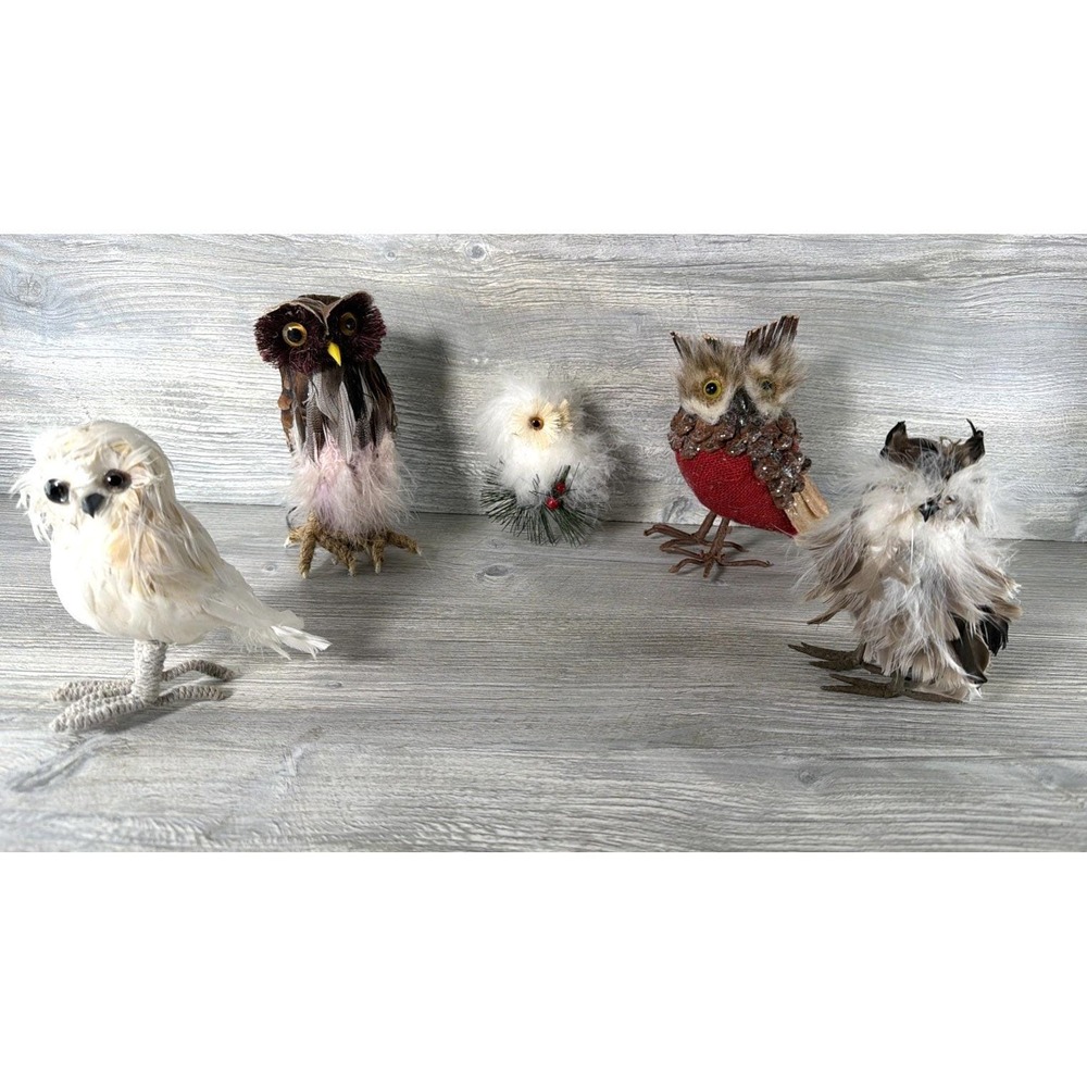 5 Vtg Owl Figurines Real Feathers Pinecone Rustic Realistic Natural Bird Lot
